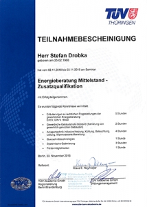 Teilnahmebescheinigung der Zusatzqualifikation „Energieberatung Mittelstand“ des TÜV Thüringen.